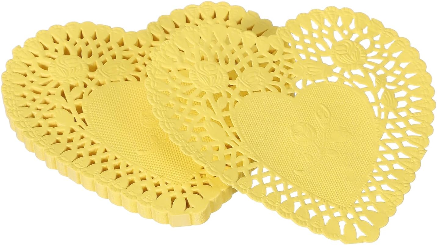 Paper Doilies, Heart Paper Lace Doilies Disposable Placemats Modern Tableware Decorative Bulk -Fitting for (Cakes/Desserts/Baked Grilled Fried Food) 4 Inch & 100 Pack & Yellow