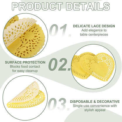 Paper Doilies, Heart Paper Lace Doilies Disposable Placemats Modern Tableware Decorative Bulk -Fitting for (Cakes/Desserts/Baked Grilled Fried Food) 4 Inch & 100 Pack & Yellow