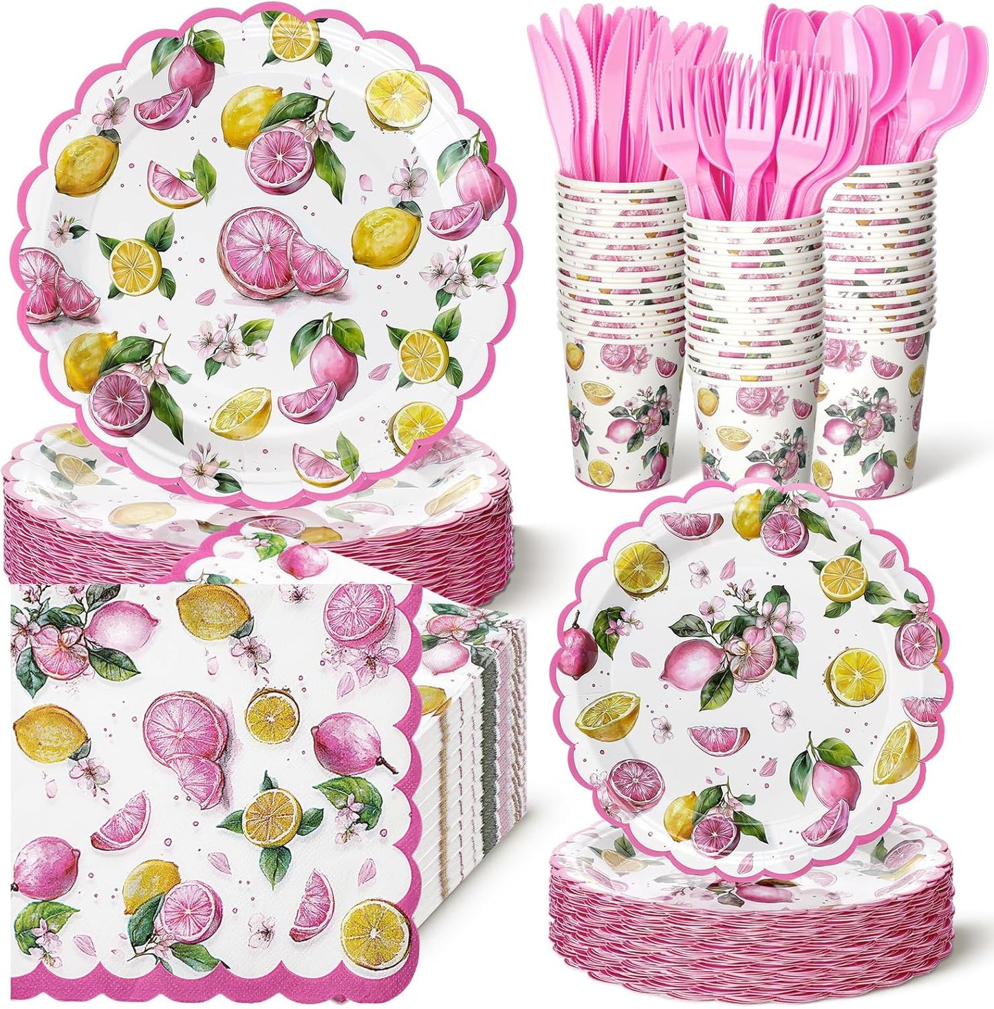 30 Sets Pink Lemon Party Decorations Tableware Pink and Yellow Lemon Cutlery Disposable Summer Fruit Paper Plate Napkin Cup Supplies for Summer Birthday Bridal Baby Shower Party