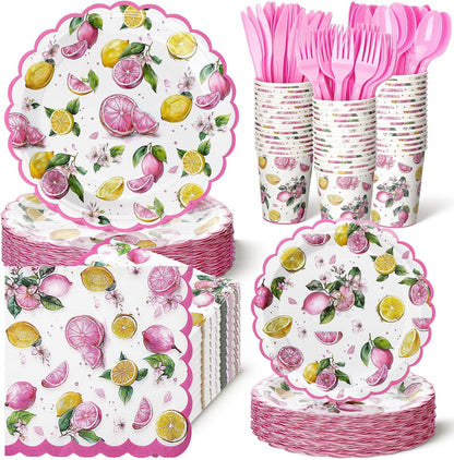 30 Sets Pink Lemon Party Decorations Tableware Pink and Yellow Lemon Cutlery Disposable Summer Fruit Paper Plate Napkin Cup Supplies for Summer Birthday Bridal Baby Shower Party