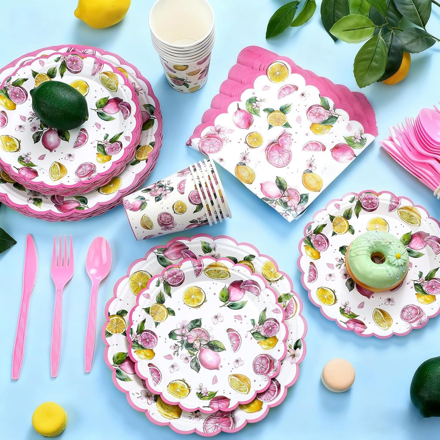 30 Sets Pink Lemon Party Decorations Tableware Pink and Yellow Lemon Cutlery Disposable Summer Fruit Paper Plate Napkin Cup Supplies for Summer Birthday Bridal Baby Shower Party