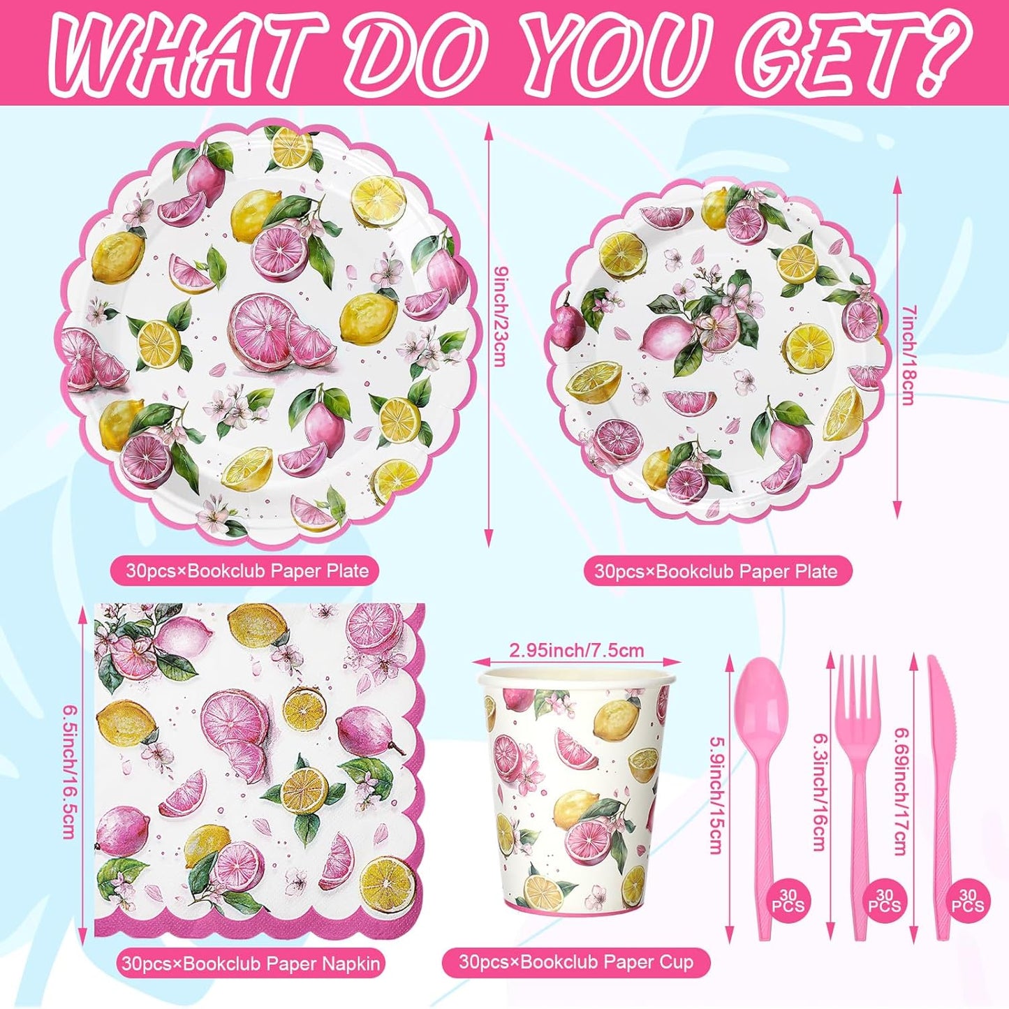 30 Sets Pink Lemon Party Decorations Tableware Pink and Yellow Lemon Cutlery Disposable Summer Fruit Paper Plate Napkin Cup Supplies for Summer Birthday Bridal Baby Shower Party