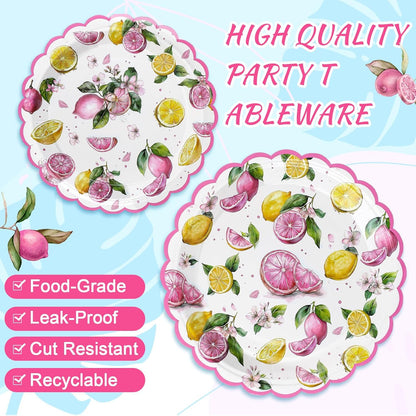 30 Sets Pink Lemon Party Decorations Tableware Pink and Yellow Lemon Cutlery Disposable Summer Fruit Paper Plate Napkin Cup Supplies for Summer Birthday Bridal Baby Shower Party