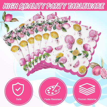 30 Sets Pink Lemon Party Decorations Tableware Pink and Yellow Lemon Cutlery Disposable Summer Fruit Paper Plate Napkin Cup Supplies for Summer Birthday Bridal Baby Shower Party