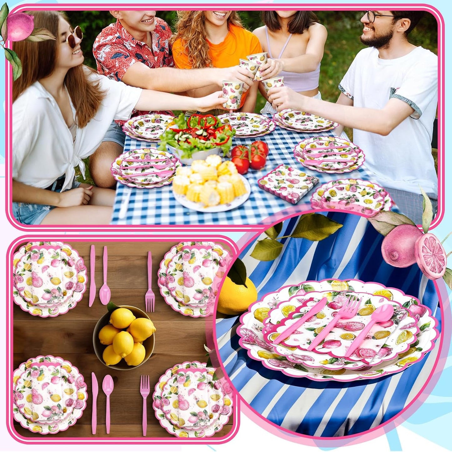 30 Sets Pink Lemon Party Decorations Tableware Pink and Yellow Lemon Cutlery Disposable Summer Fruit Paper Plate Napkin Cup Supplies for Summer Birthday Bridal Baby Shower Party