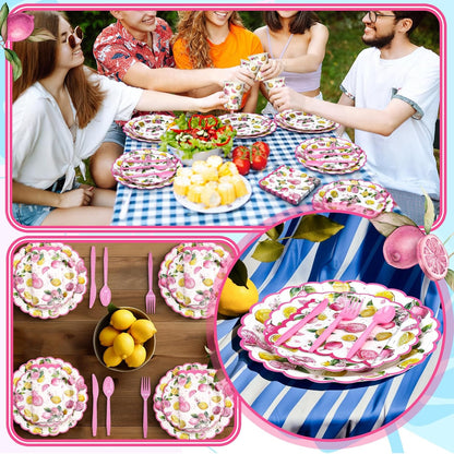 30 Sets Pink Lemon Party Decorations Tableware Pink and Yellow Lemon Cutlery Disposable Summer Fruit Paper Plate Napkin Cup Supplies for Summer Birthday Bridal Baby Shower Party