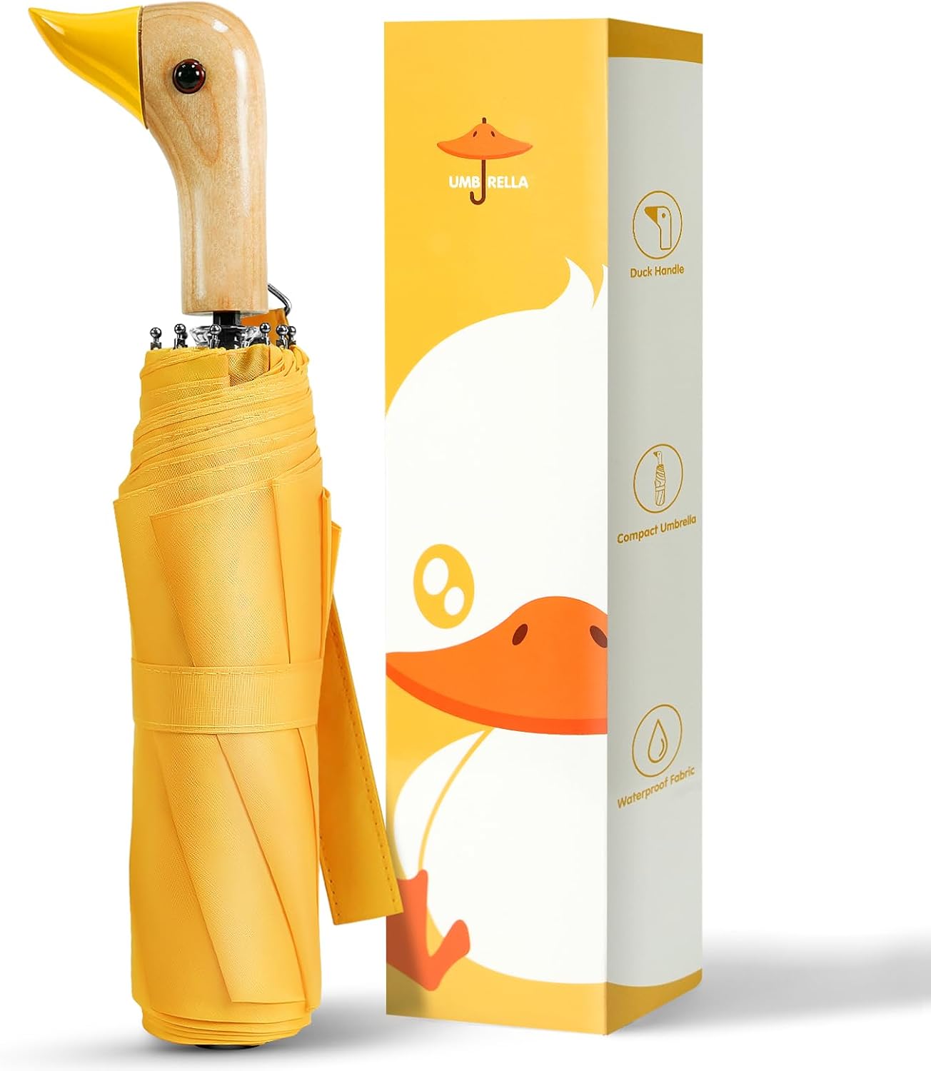 Cute Duck Umbrella Travel Size Compact Umbrella Rain Sun for Girls Gift | Wooden duck headle design 8 ribs folding,travel size and compact carry, use in outdoor/school/work/rain and sun