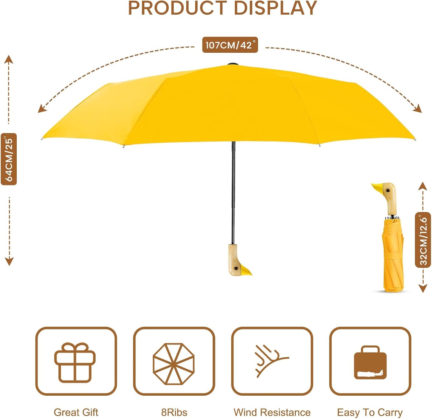 Cute Duck Umbrella Travel Size Compact Umbrella Rain Sun for Girls Gift | Wooden duck headle design 8 ribs folding,travel size and compact carry, use in outdoor/school/work/rain and sun