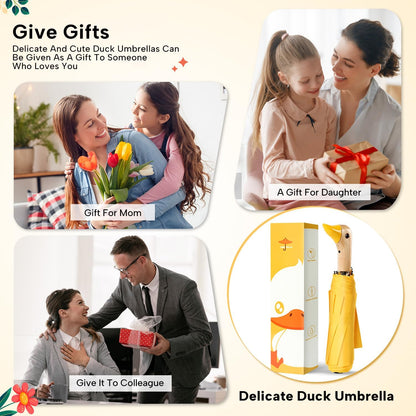 Cute Duck Umbrella Travel Size Compact Umbrella Rain Sun for Girls Gift | Wooden duck headle design 8 ribs folding,travel size and compact carry, use in outdoor/school/work/rain and sun