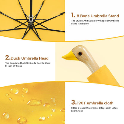 Cute Duck Umbrella Travel Size Compact Umbrella Rain Sun for Girls Gift | Wooden duck headle design 8 ribs folding,travel size and compact carry, use in outdoor/school/work/rain and sun