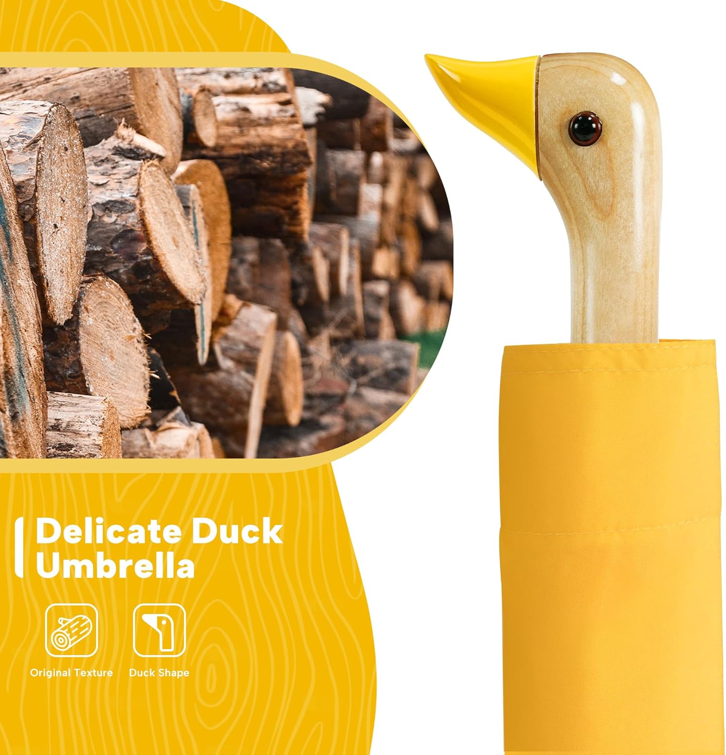 Cute Duck Umbrella Travel Size Compact Umbrella Rain Sun for Girls Gift | Wooden duck headle design 8 ribs folding,travel size and compact carry, use in outdoor/school/work/rain and sun