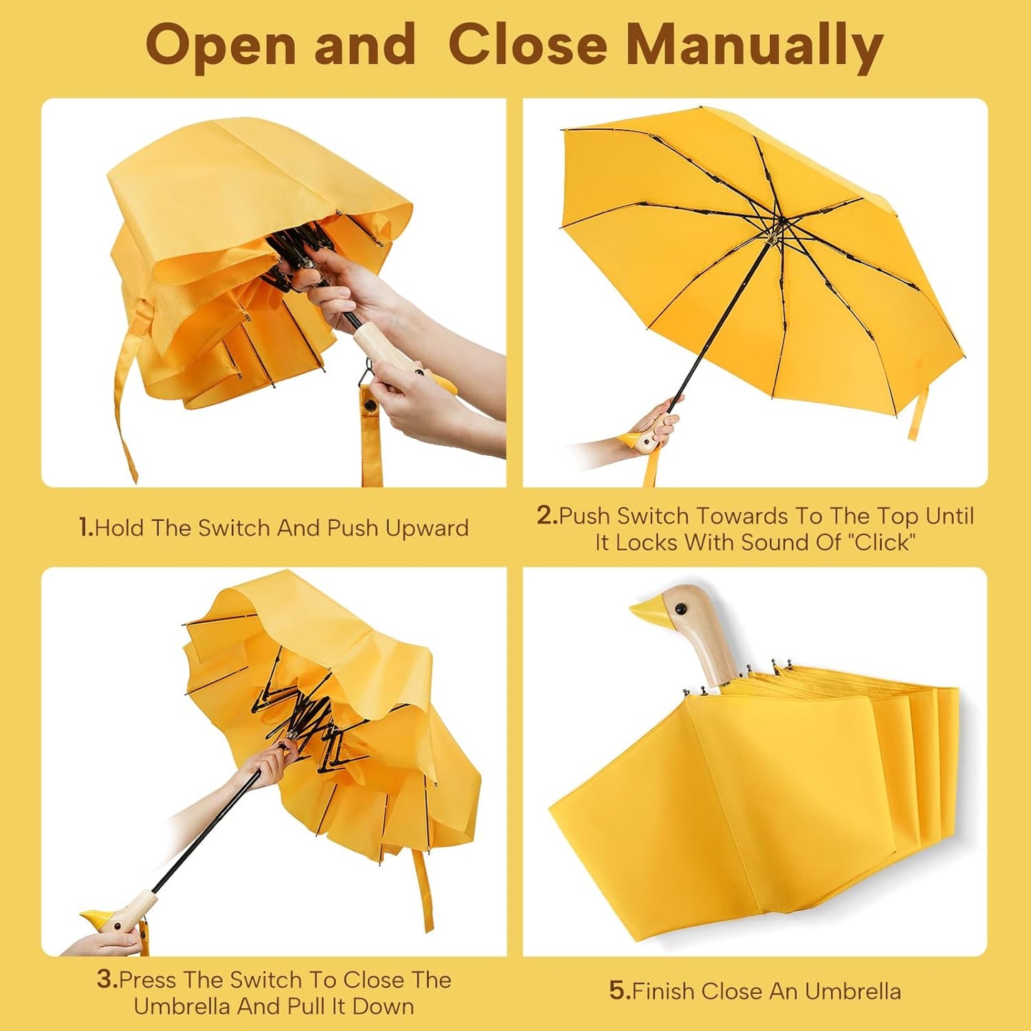 Cute Duck Umbrella Travel Size Compact Umbrella Rain Sun for Girls Gift | Wooden duck headle design 8 ribs folding,travel size and compact carry, use in outdoor/school/work/rain and sun