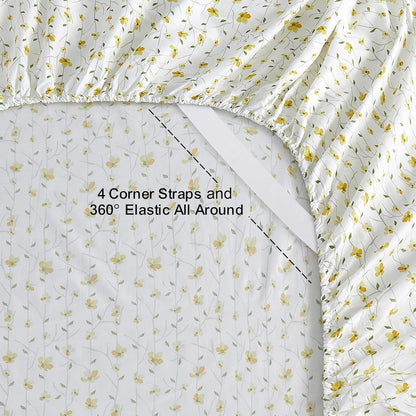 King Sheet Set Yellow Floral Bed Sheets Printed Sheets - 4 Piece Soft Microfiber Patterned Fitted Sheets King with 15" Deep Pocket and Corner Straps, Cute Yellow Flower Sheets & Pillowcase Set