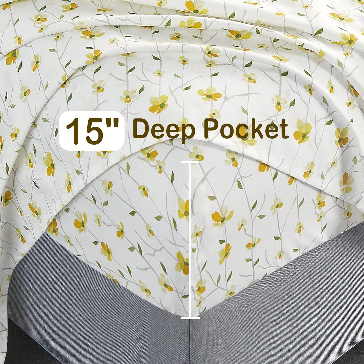 King Sheet Set Yellow Floral Bed Sheets Printed Sheets - 4 Piece Soft Microfiber Patterned Fitted Sheets King with 15" Deep Pocket and Corner Straps, Cute Yellow Flower Sheets & Pillowcase Set