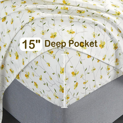King Sheet Set Yellow Floral Bed Sheets Printed Sheets - 4 Piece Soft Microfiber Patterned Fitted Sheets King with 15" Deep Pocket and Corner Straps, Cute Yellow Flower Sheets & Pillowcase Set