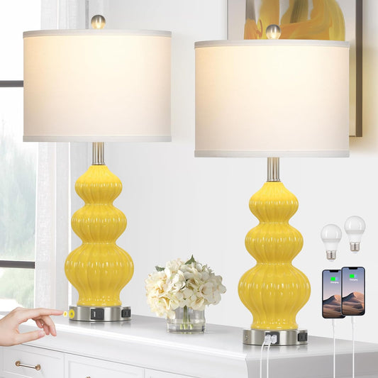 Triple Gourd Ceramic Table Lamps Set of 2, Modern Yellow Bedside Lamps with USB A+C Ports & AC Outlet, 3 Way Touch Control Contemporary Nightstand Lamps for Bedroom Living Room