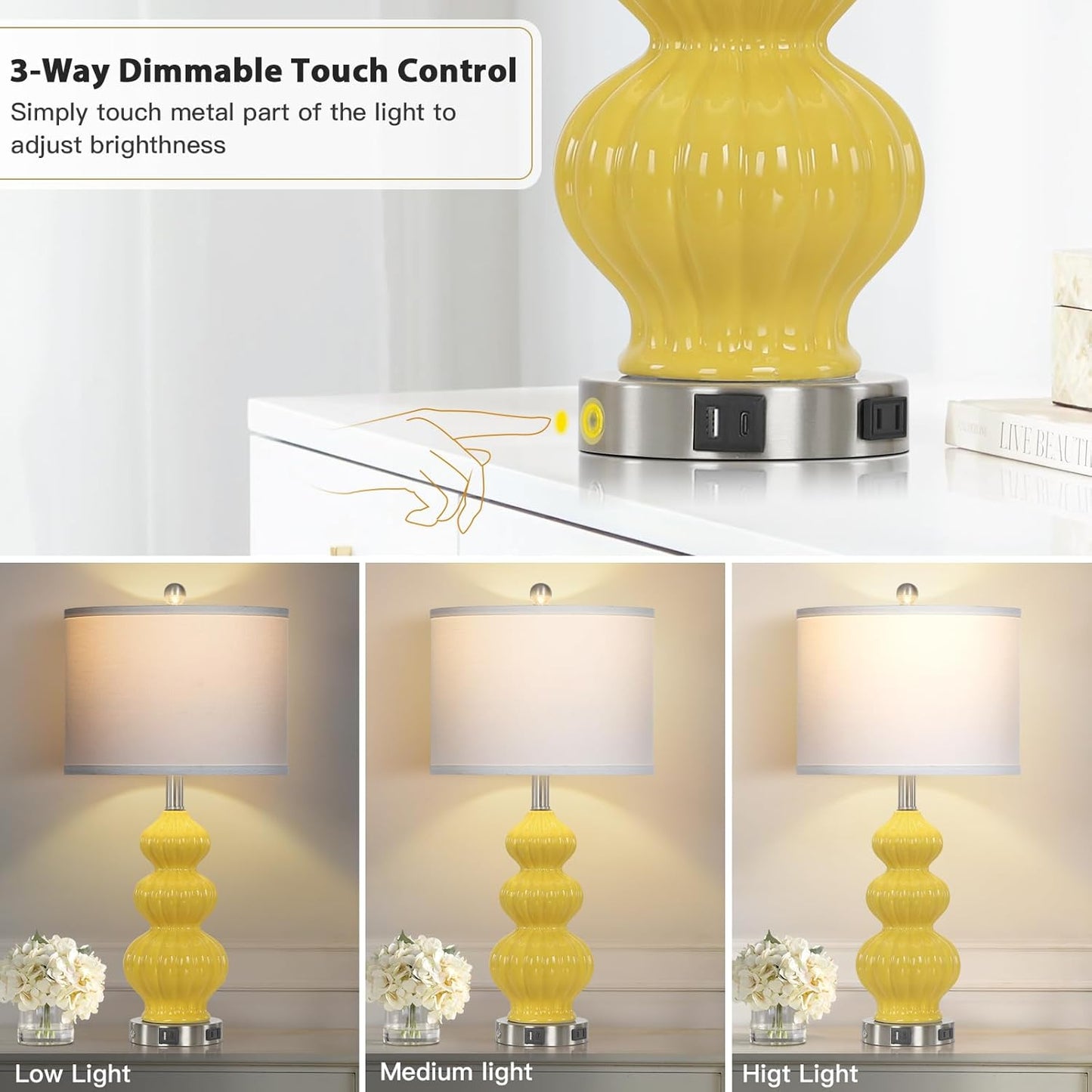 Triple Gourd Ceramic Table Lamps Set of 2, Modern Yellow Bedside Lamps with USB A+C Ports & AC Outlet, 3 Way Touch Control Contemporary Nightstand Lamps for Bedroom Living Room