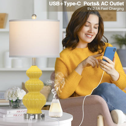 Triple Gourd Ceramic Table Lamps Set of 2, Modern Yellow Bedside Lamps with USB A+C Ports & AC Outlet, 3 Way Touch Control Contemporary Nightstand Lamps for Bedroom Living Room