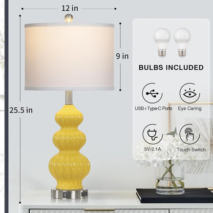 Triple Gourd Ceramic Table Lamps Set of 2, Modern Yellow Bedside Lamps with USB A+C Ports & AC Outlet, 3 Way Touch Control Contemporary Nightstand Lamps for Bedroom Living Room