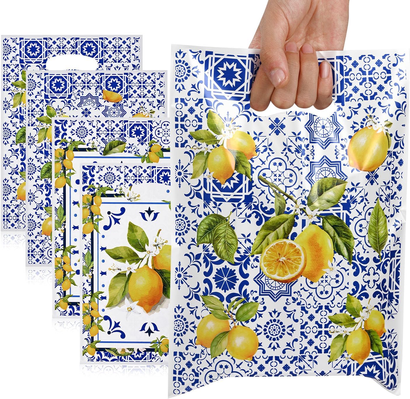 50 Pcs Capri Lemon Party Favor Bags, Blue Tiles Yellow Lemon Goodie Bags with Handle, Summer Treat Bags Gift Bags for Snacks&Candy, Birthday Party Supplies Decorations