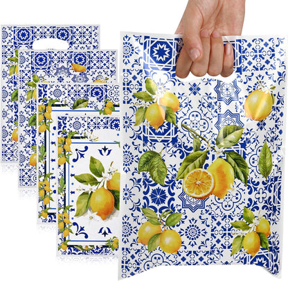 50 Pcs Capri Lemon Party Favor Bags, Blue Tiles Yellow Lemon Goodie Bags with Handle, Summer Treat Bags Gift Bags for Snacks&Candy, Birthday Party Supplies Decorations