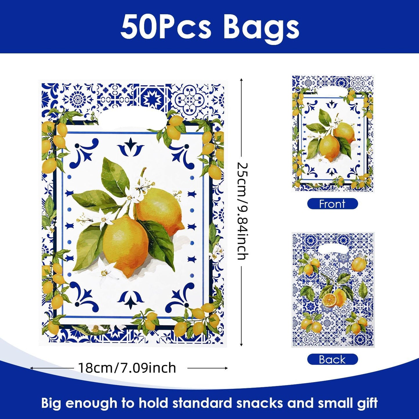 50 Pcs Capri Lemon Party Favor Bags, Blue Tiles Yellow Lemon Goodie Bags with Handle, Summer Treat Bags Gift Bags for Snacks&Candy, Birthday Party Supplies Decorations
