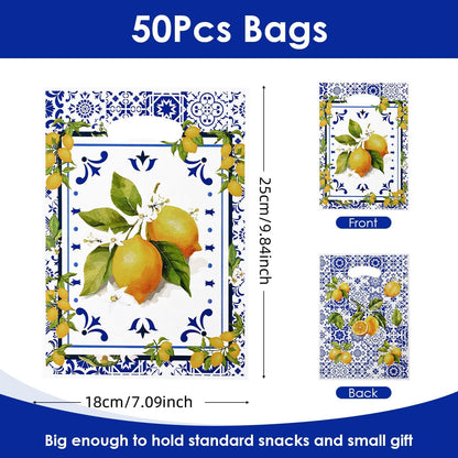 50 Pcs Capri Lemon Party Favor Bags, Blue Tiles Yellow Lemon Goodie Bags with Handle, Summer Treat Bags Gift Bags for Snacks&Candy, Birthday Party Supplies Decorations