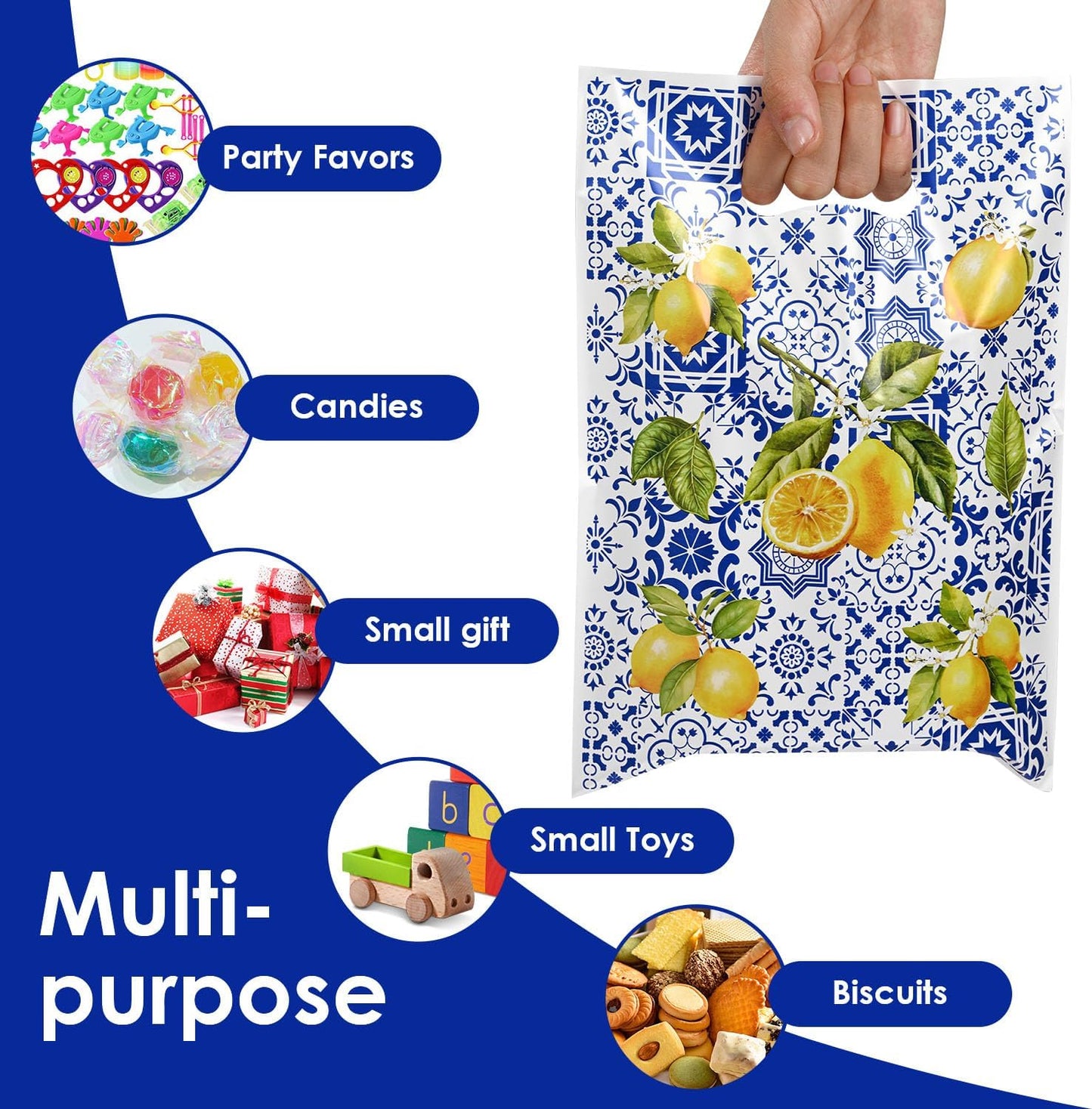 50 Pcs Capri Lemon Party Favor Bags, Blue Tiles Yellow Lemon Goodie Bags with Handle, Summer Treat Bags Gift Bags for Snacks&Candy, Birthday Party Supplies Decorations