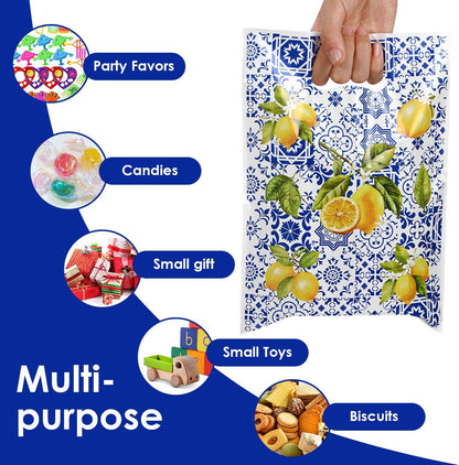 50 Pcs Capri Lemon Party Favor Bags, Blue Tiles Yellow Lemon Goodie Bags with Handle, Summer Treat Bags Gift Bags for Snacks&Candy, Birthday Party Supplies Decorations