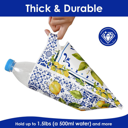 50 Pcs Capri Lemon Party Favor Bags, Blue Tiles Yellow Lemon Goodie Bags with Handle, Summer Treat Bags Gift Bags for Snacks&Candy, Birthday Party Supplies Decorations