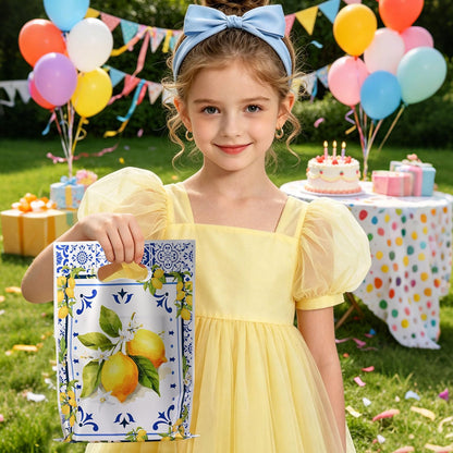 50 Pcs Capri Lemon Party Favor Bags, Blue Tiles Yellow Lemon Goodie Bags with Handle, Summer Treat Bags Gift Bags for Snacks&Candy, Birthday Party Supplies Decorations