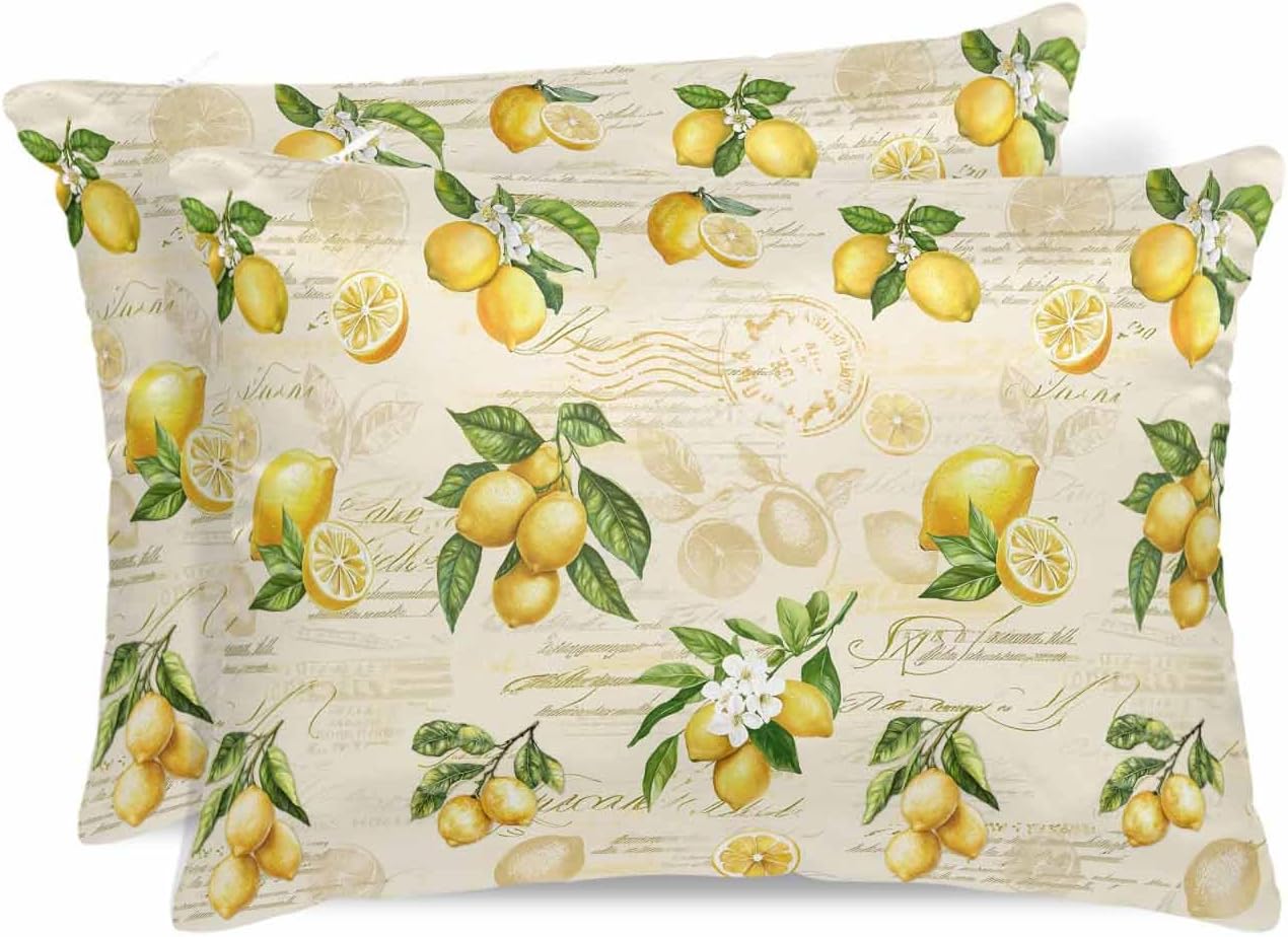 Farmhouse Satin Pillowcase for Hair and Skin King Vintage Lemon Leaf Yellow Fruit Letter Background Farmhouse Pillow Cases 2 Pack with Zipper, Soft Cooling Similar to Silk Pillow Covers, 20x36 Inch