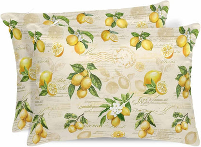 Farmhouse Satin Pillowcase for Hair and Skin King Vintage Lemon Leaf Yellow Fruit Letter Background Farmhouse Pillow Cases 2 Pack with Zipper, Soft Cooling Similar to Silk Pillow Covers, 20x36 Inch