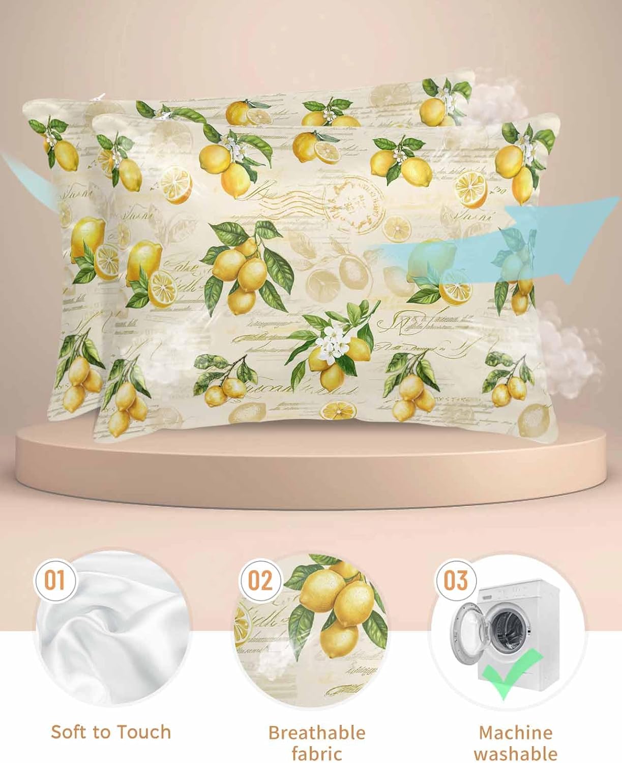 Farmhouse Satin Pillowcase for Hair and Skin King Vintage Lemon Leaf Yellow Fruit Letter Background Farmhouse Pillow Cases 2 Pack with Zipper, Soft Cooling Similar to Silk Pillow Covers, 20x36 Inch