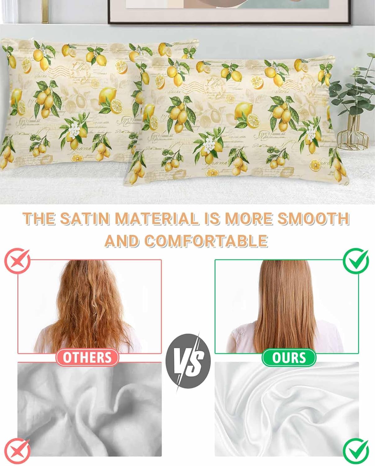 Farmhouse Satin Pillowcase for Hair and Skin King Vintage Lemon Leaf Yellow Fruit Letter Background Farmhouse Pillow Cases 2 Pack with Zipper, Soft Cooling Similar to Silk Pillow Covers, 20x36 Inch