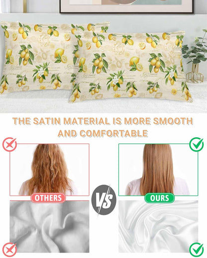 Farmhouse Satin Pillowcase for Hair and Skin King Vintage Lemon Leaf Yellow Fruit Letter Background Farmhouse Pillow Cases 2 Pack with Zipper, Soft Cooling Similar to Silk Pillow Covers, 20x36 Inch