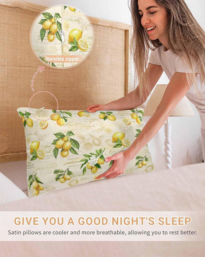 Farmhouse Satin Pillowcase for Hair and Skin King Vintage Lemon Leaf Yellow Fruit Letter Background Farmhouse Pillow Cases 2 Pack with Zipper, Soft Cooling Similar to Silk Pillow Covers, 20x36 Inch