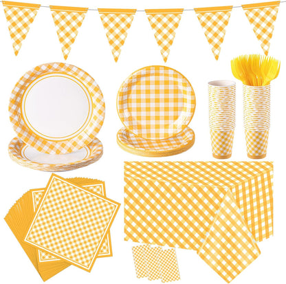 198 Pcs Gingham Party Supplies for 24 Guests Checkered Plaid Tablecloth Pennant Banner Plate Cup Napkin and Cutlery for Picnic BBQ Birthday Baby Shower Party(Light Yellow, White)