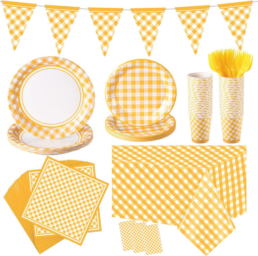 198 Pcs Gingham Party Supplies for 24 Guests Checkered Plaid Tablecloth Pennant Banner Plate Cup Napkin and Cutlery for Picnic BBQ Birthday Baby Shower Party(Light Yellow, White)