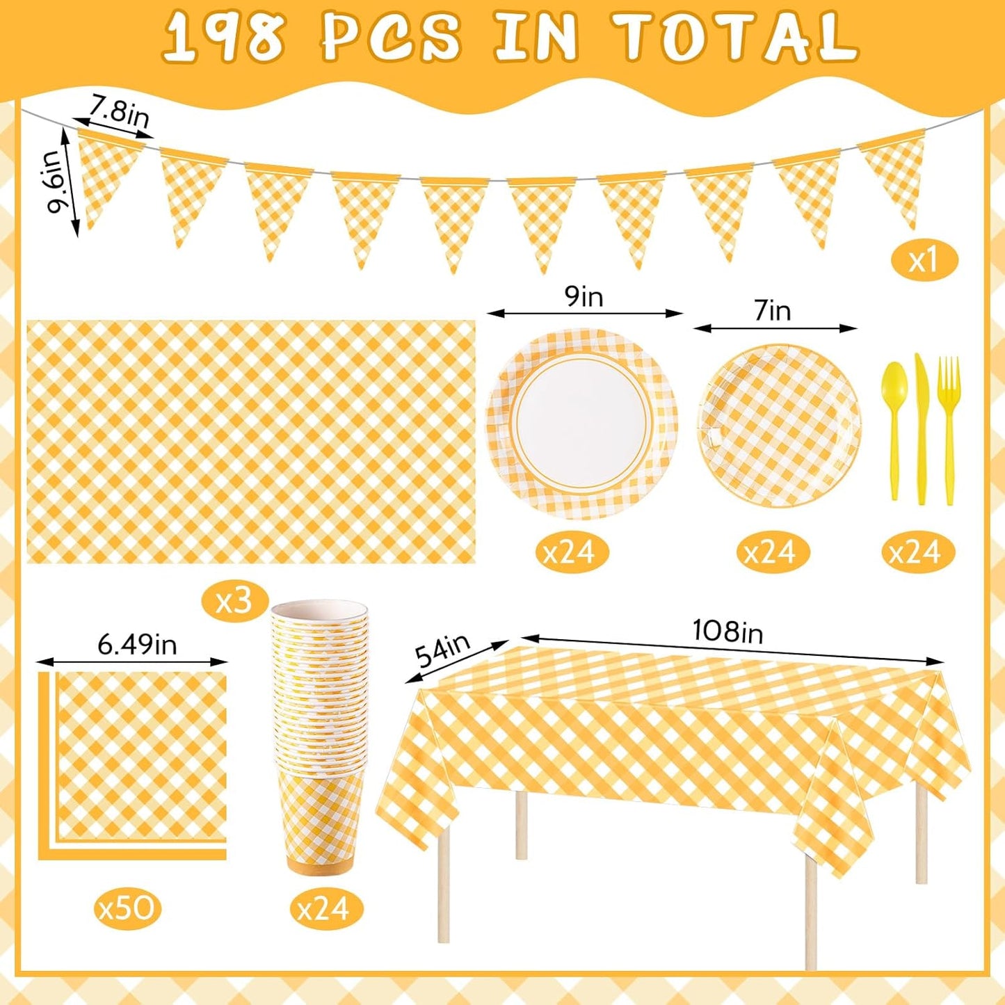 198 Pcs Gingham Party Supplies for 24 Guests Checkered Plaid Tablecloth Pennant Banner Plate Cup Napkin and Cutlery for Picnic BBQ Birthday Baby Shower Party(Light Yellow, White)