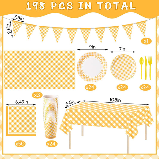 198 Pcs Gingham Party Supplies for 24 Guests Checkered Plaid Tablecloth Pennant Banner Plate Cup Napkin and Cutlery for Picnic BBQ Birthday Baby Shower Party(Light Yellow, White)