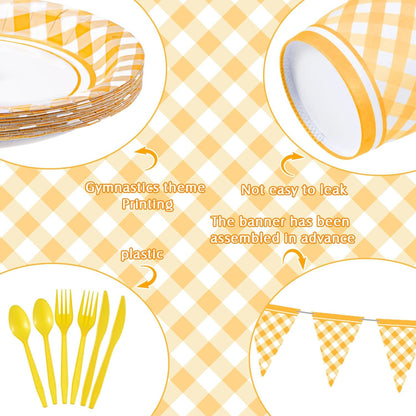 198 Pcs Gingham Party Supplies for 24 Guests Checkered Plaid Tablecloth Pennant Banner Plate Cup Napkin and Cutlery for Picnic BBQ Birthday Baby Shower Party(Light Yellow, White)