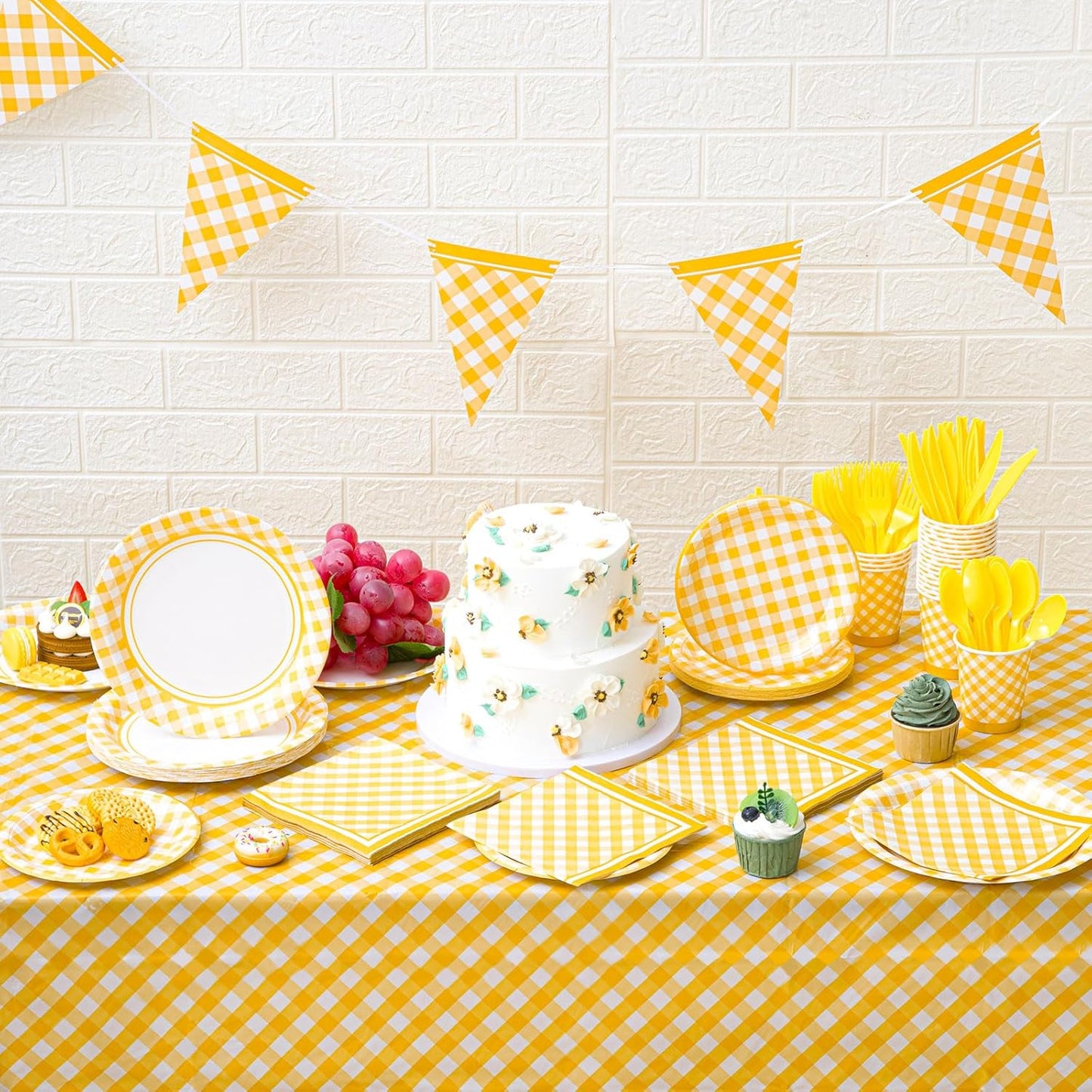 198 Pcs Gingham Party Supplies for 24 Guests Checkered Plaid Tablecloth Pennant Banner Plate Cup Napkin and Cutlery for Picnic BBQ Birthday Baby Shower Party(Light Yellow, White)