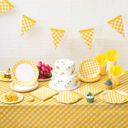 198 Pcs Gingham Party Supplies for 24 Guests Checkered Plaid Tablecloth Pennant Banner Plate Cup Napkin and Cutlery for Picnic BBQ Birthday Baby Shower Party(Light Yellow, White)