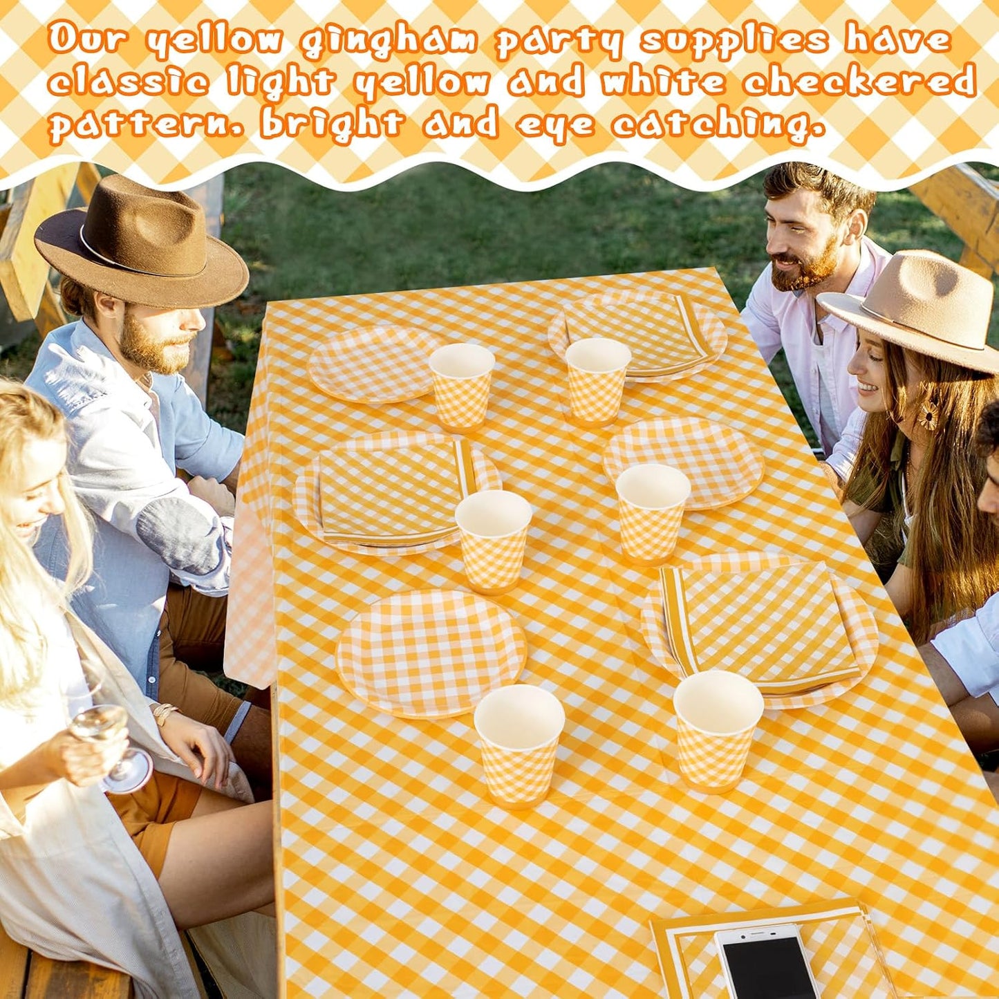 198 Pcs Gingham Party Supplies for 24 Guests Checkered Plaid Tablecloth Pennant Banner Plate Cup Napkin and Cutlery for Picnic BBQ Birthday Baby Shower Party(Light Yellow, White)