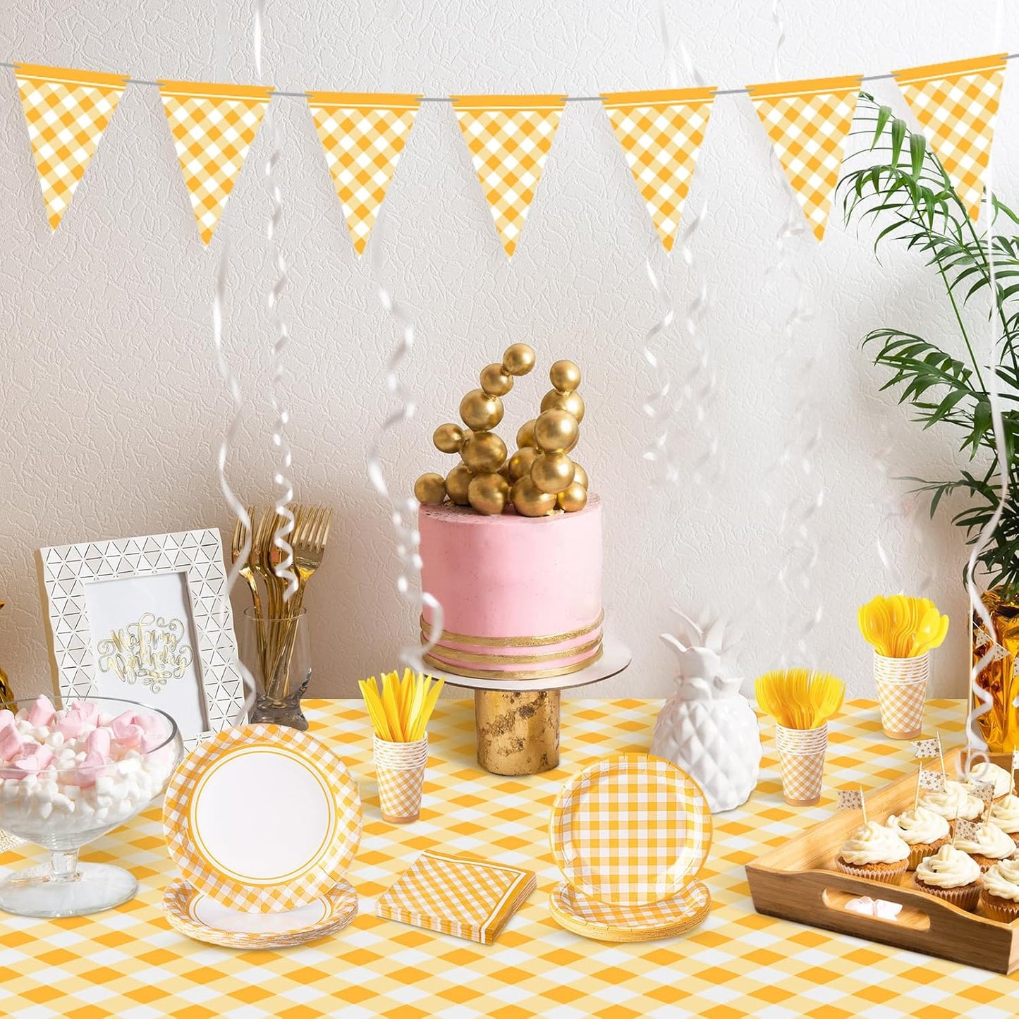 198 Pcs Gingham Party Supplies for 24 Guests Checkered Plaid Tablecloth Pennant Banner Plate Cup Napkin and Cutlery for Picnic BBQ Birthday Baby Shower Party(Light Yellow, White)