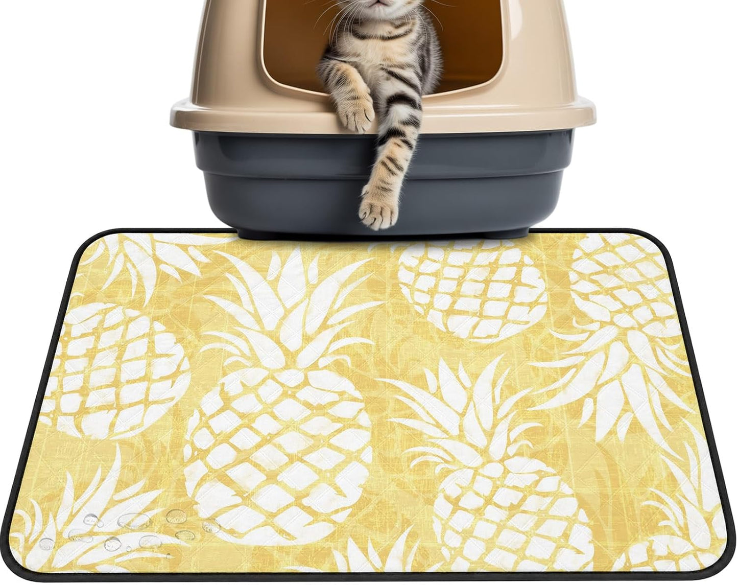 Sunlit Pineapples Cat Litter Mat 36x24, Pastel Yellow Kitty Litter Box mat for Cat Machine Washable Easy Clean Soft Non-Slip Pet Food Mats for Floor Rug
