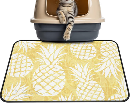 Sunlit Pineapples Cat Litter Mat 36x24, Pastel Yellow Kitty Litter Box mat for Cat Machine Washable Easy Clean Soft Non-Slip Pet Food Mats for Floor Rug
