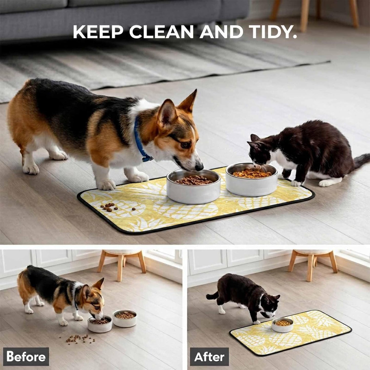 Sunlit Pineapples Cat Litter Mat 36x24, Pastel Yellow Kitty Litter Box mat for Cat Machine Washable Easy Clean Soft Non-Slip Pet Food Mats for Floor Rug