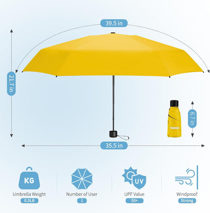 Mini Travel Umbrella with Case, Compact Folding Umbrella | Lightweight Pocket Size Design, UV Protection for Rain & Sun, Easy to Carry for Travel, Purse and Everyday Use